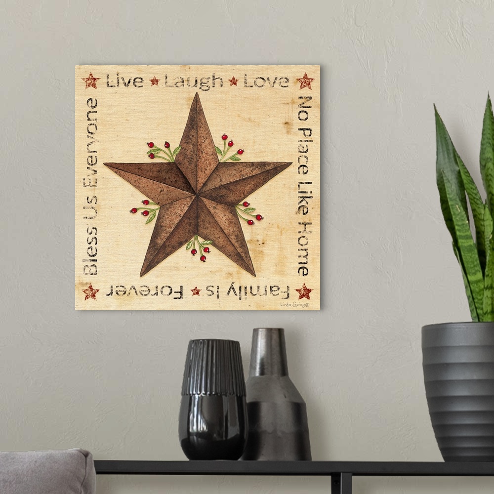 A modern room featuring Folk style artwork of a metal barn star, framed with family and home-themed phrases.