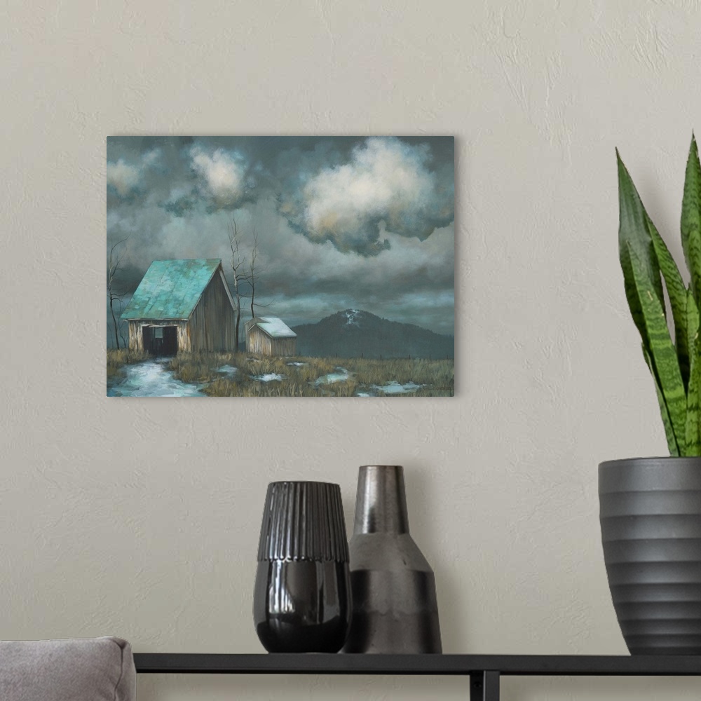 A modern room featuring Painting of a run-down farm house and shed under dark stormy clouds in a field.