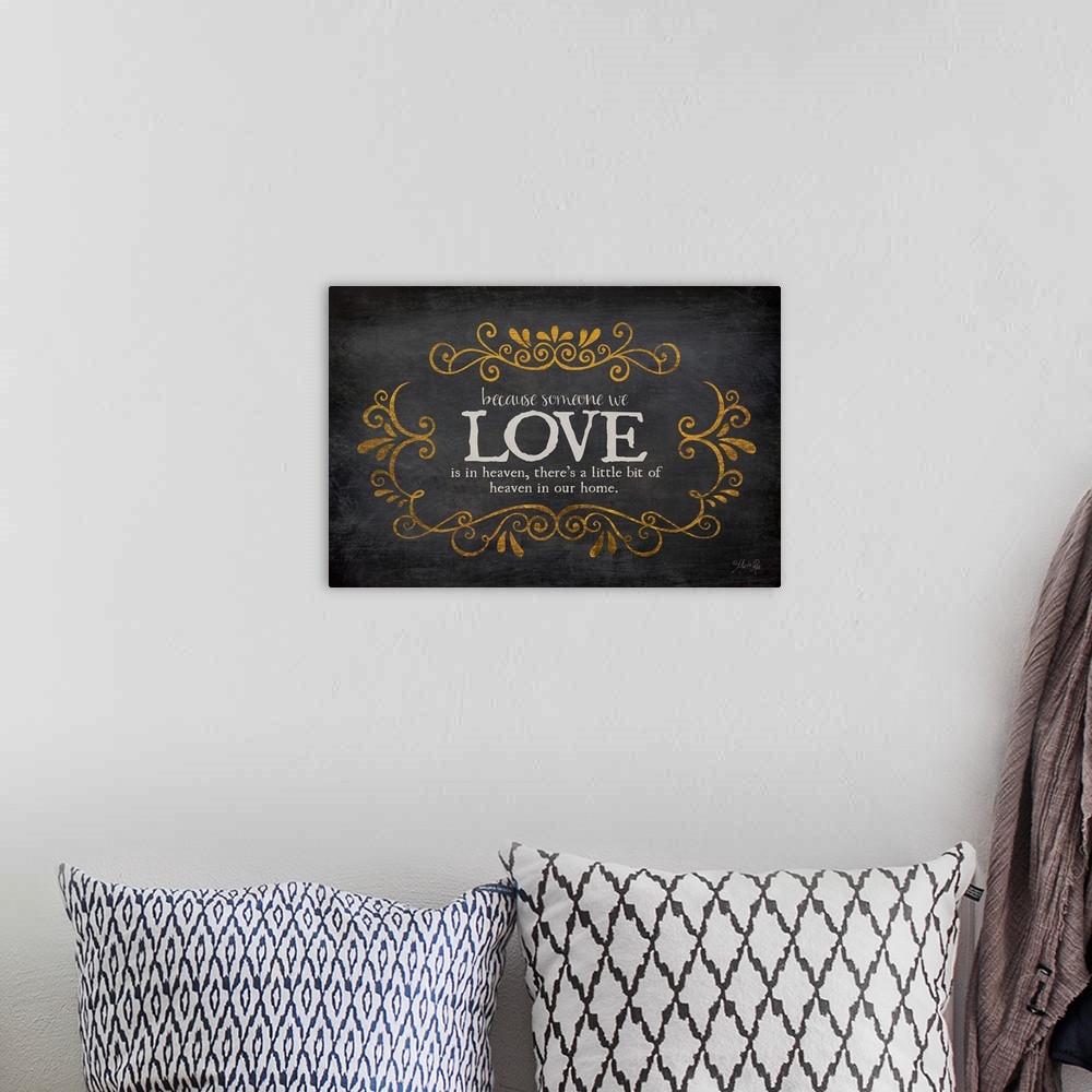 A bohemian room featuring Typography artwork about love and those we've lost with vintage flourish designs.