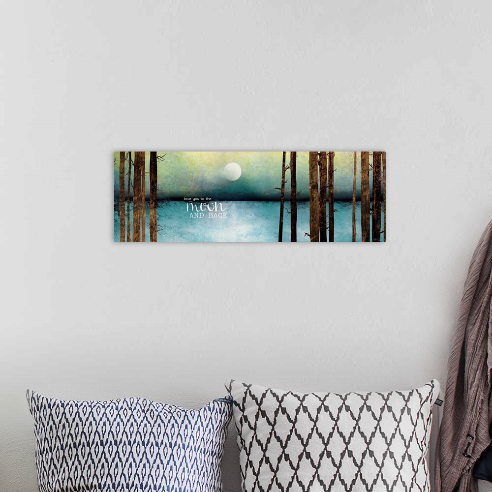 A bohemian room featuring Contemporary artwork of the moon over the ocean seen from a forest.