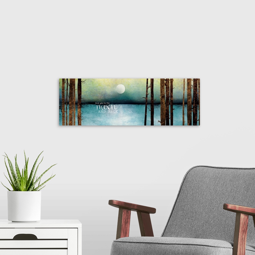 A modern room featuring Contemporary artwork of the moon over the ocean seen from a forest.