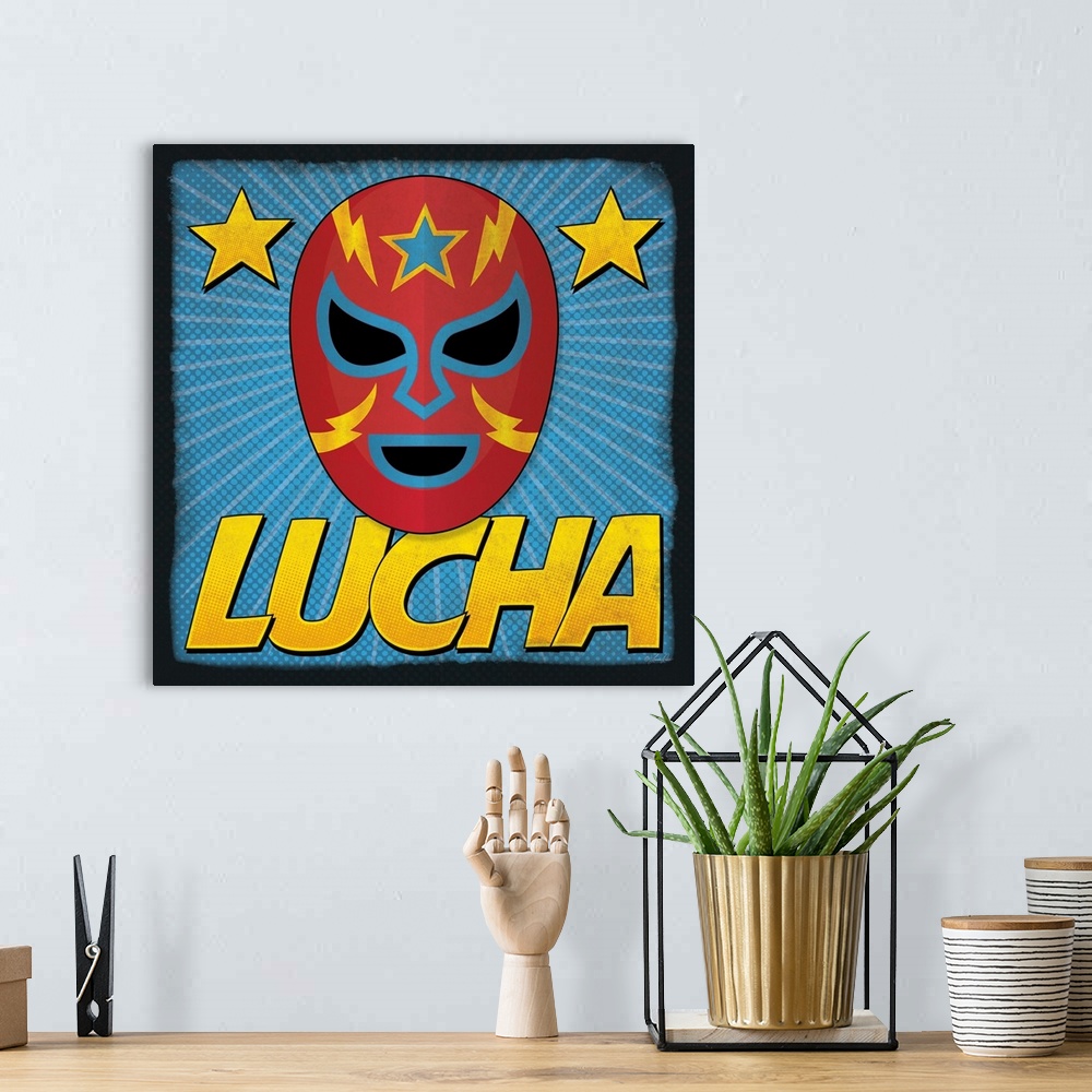 A bohemian room featuring Kids' artwork of a red luchador mask with a star motif.