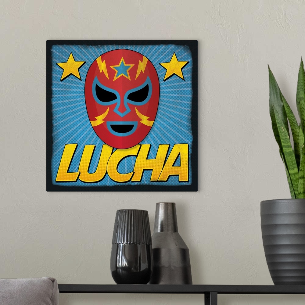 A modern room featuring Kids' artwork of a red luchador mask with a star motif.