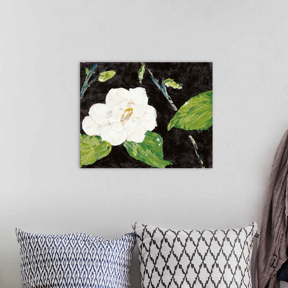 A bohemian room featuring An abstract contemporary painting of a magnolia branch with an organic textured quality.