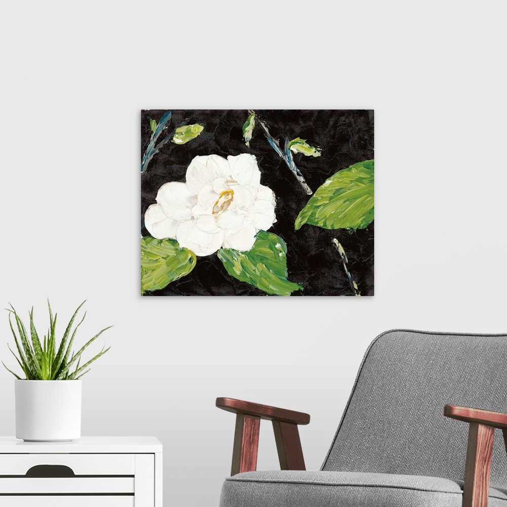 A modern room featuring An abstract contemporary painting of a magnolia branch with an organic textured quality.