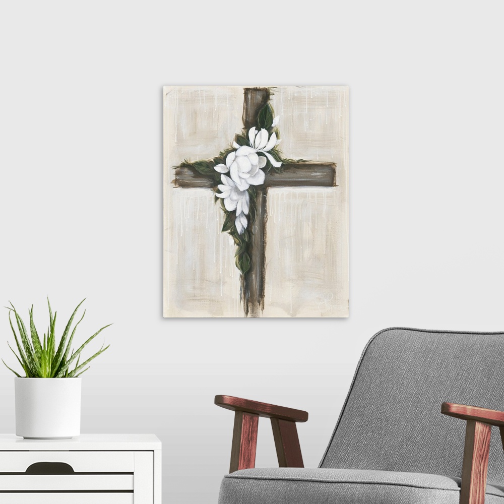 A modern room featuring Magnolia Flowered Cross
