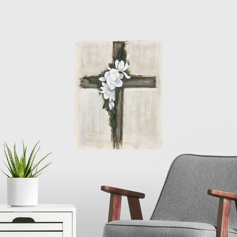 A modern room featuring Magnolia Flowered Cross
