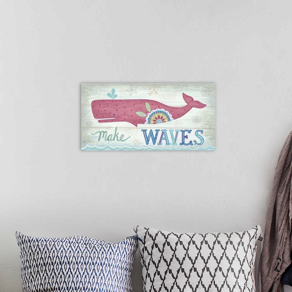 A bohemian room featuring A pink whale on a textured wooden background.