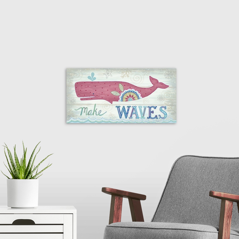 A modern room featuring A pink whale on a textured wooden background.