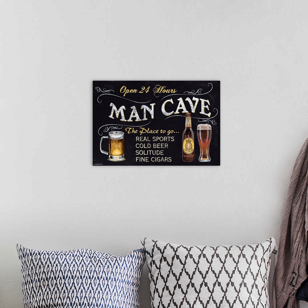 A bohemian room featuring A chalkboard style sign with beer glasses and bottles.