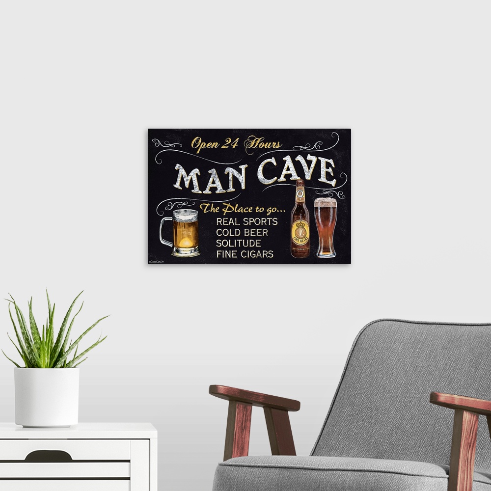 A modern room featuring A chalkboard style sign with beer glasses and bottles.