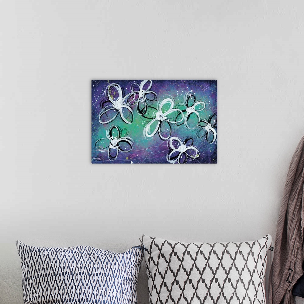 A bohemian room featuring Contemporary artwork of stylized flowers in black and white swirling paint strokes on a purple an...