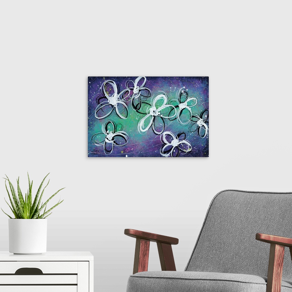 A modern room featuring Contemporary artwork of stylized flowers in black and white swirling paint strokes on a purple an...
