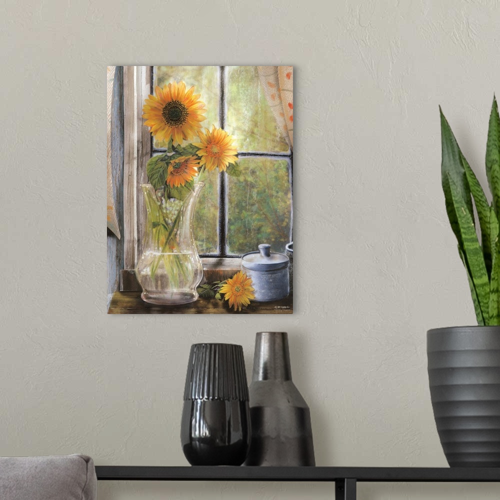 A modern room featuring Artwork of sunflowers in a glass vase sitting in front a window.