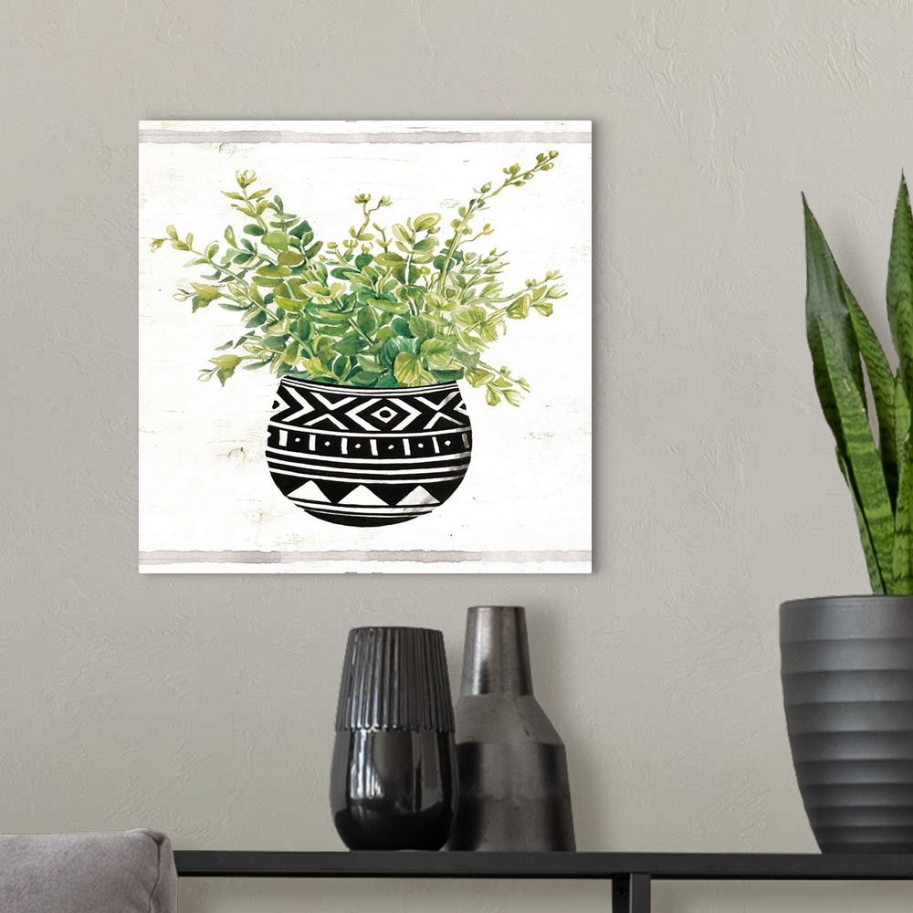 A modern room featuring Mud Cloth Black and White Succulent II