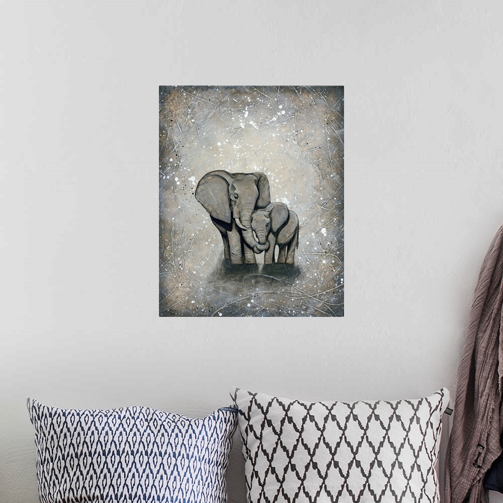 A bohemian room featuring Painting of a mother elephant hugging her baby.