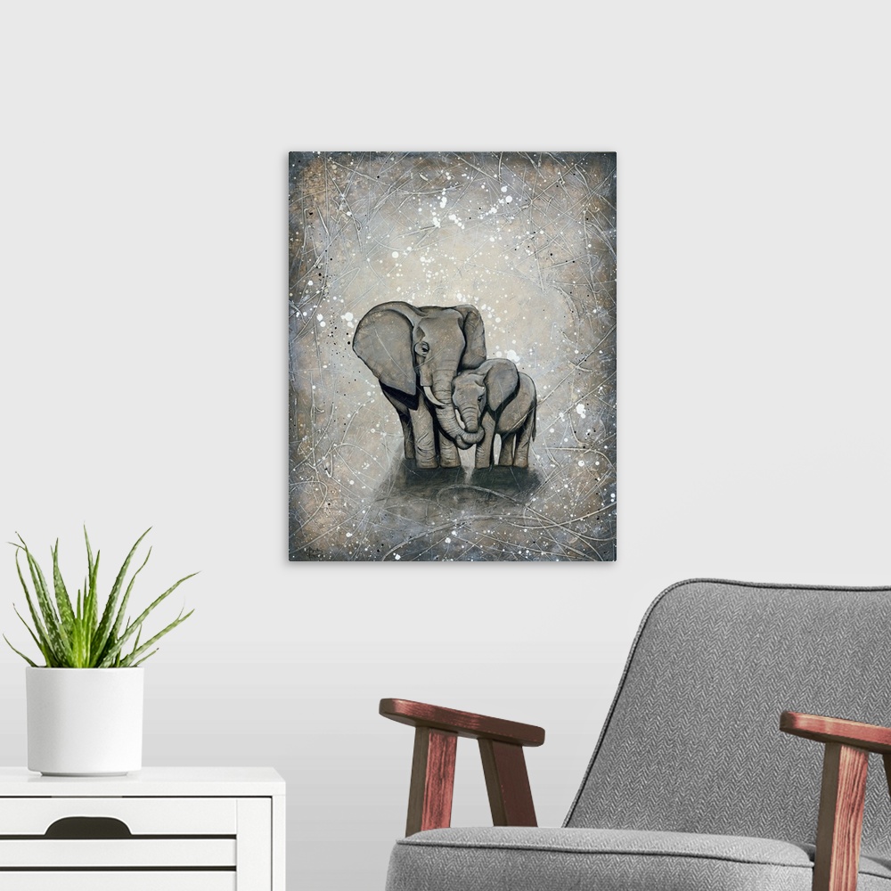 A modern room featuring Painting of a mother elephant hugging her baby.