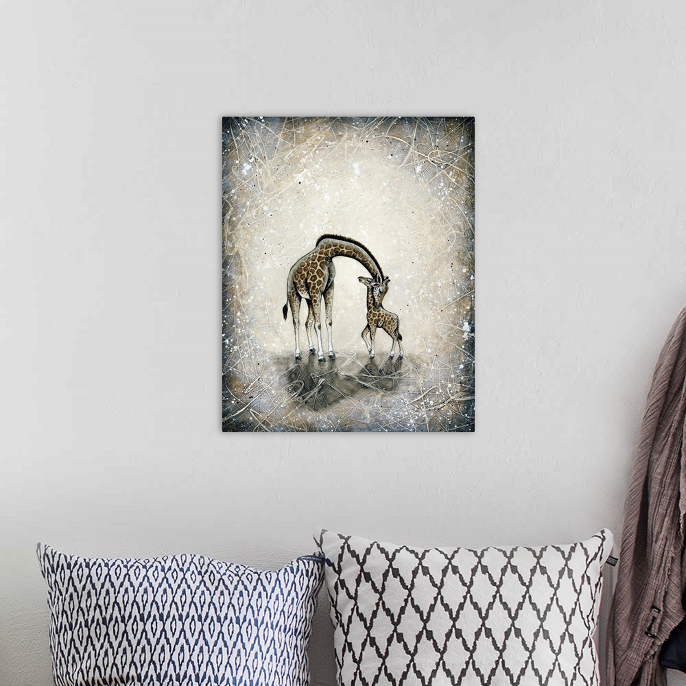 A bohemian room featuring Painting of a mother giraffe nuzzling her baby.