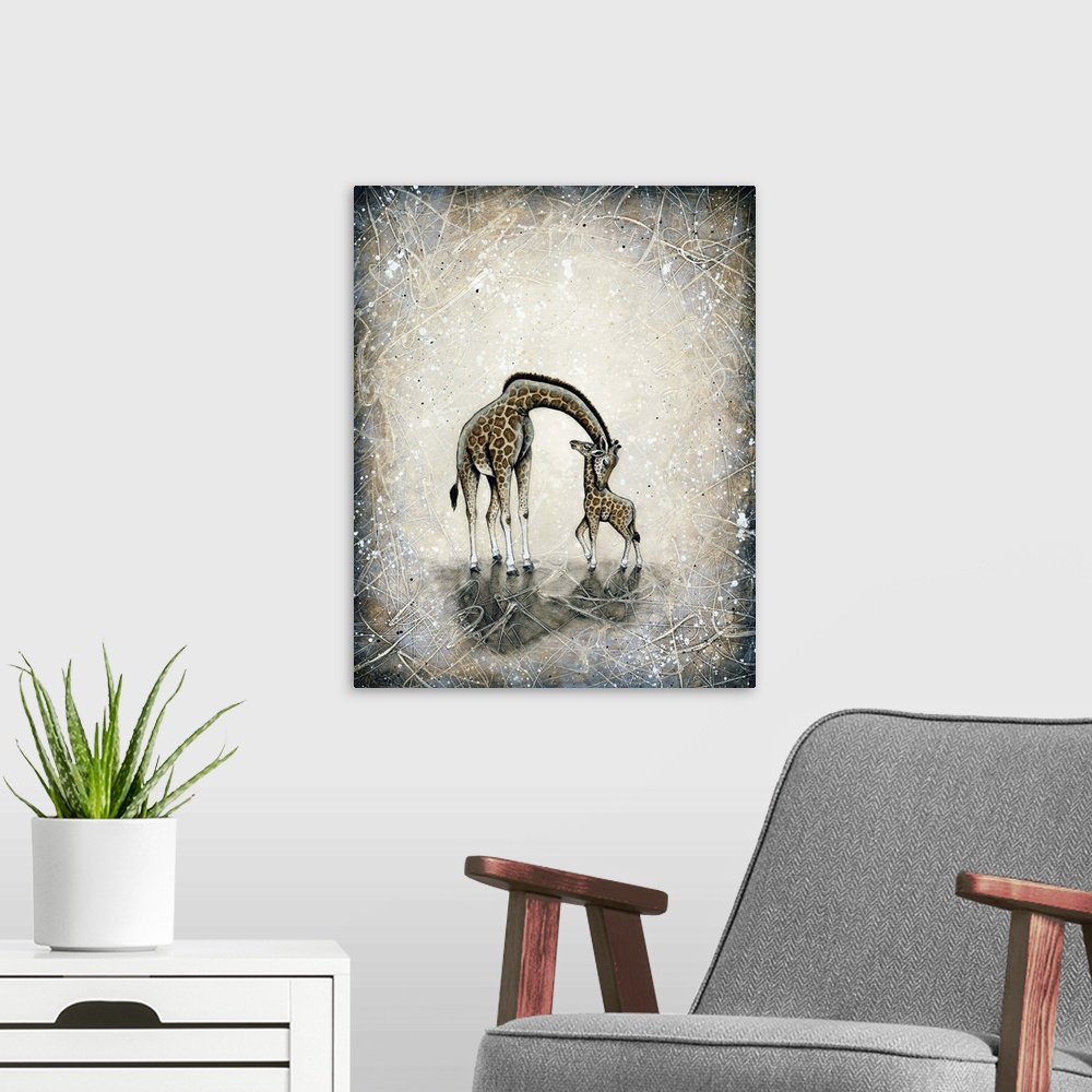 A modern room featuring Painting of a mother giraffe nuzzling her baby.