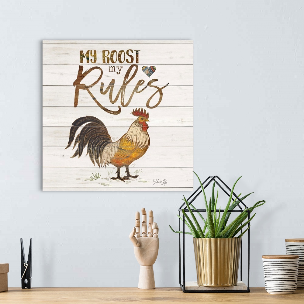 A bohemian room featuring Illustration of a chicken with humorous text on a white board background.