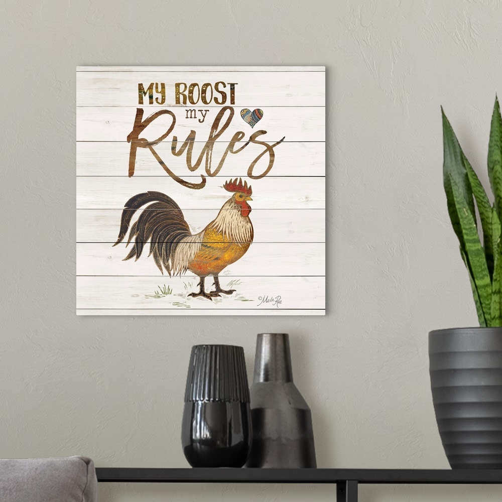 A modern room featuring Illustration of a chicken with humorous text on a white board background.