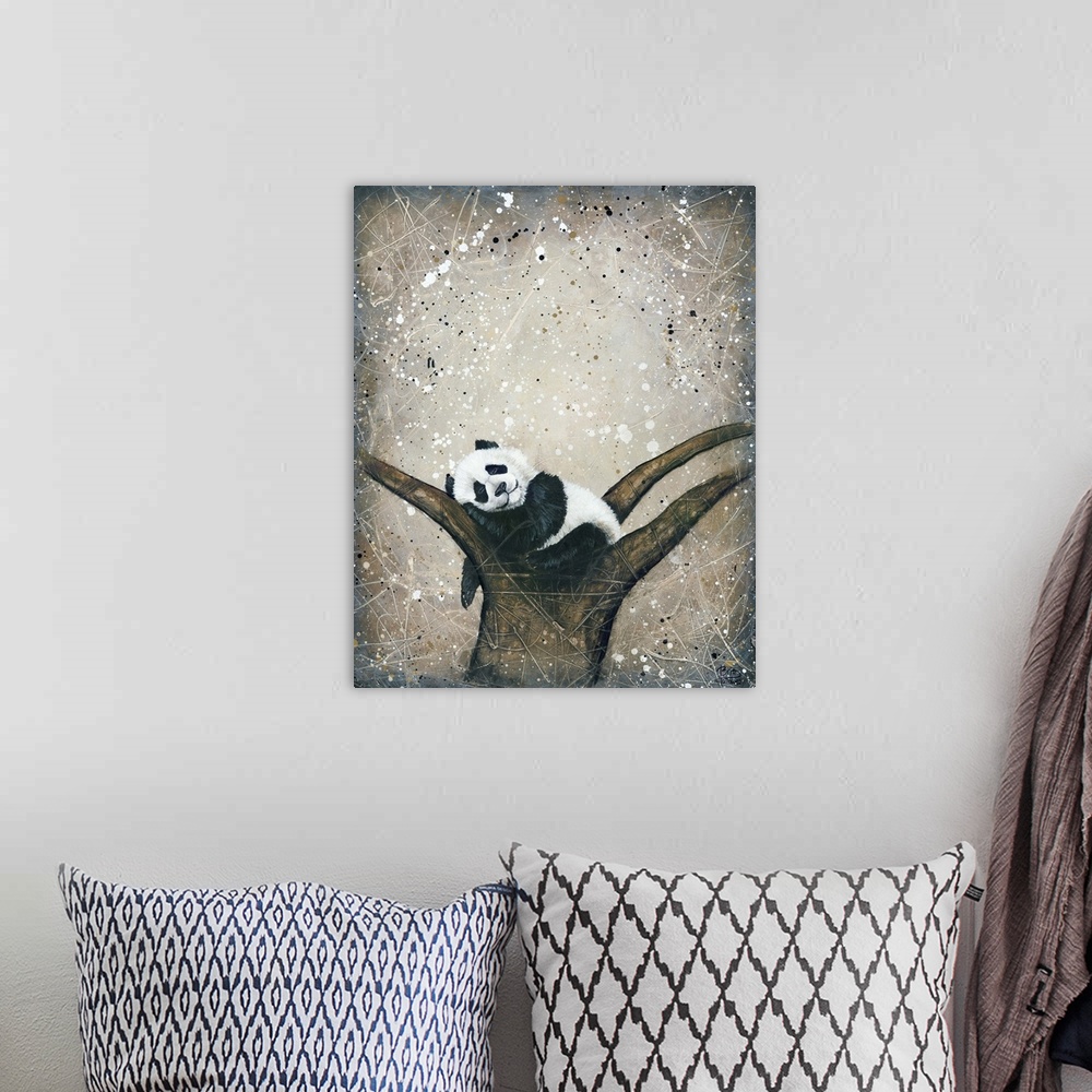 A bohemian room featuring Painting of a panda bear sleeping in the crook of a tree.