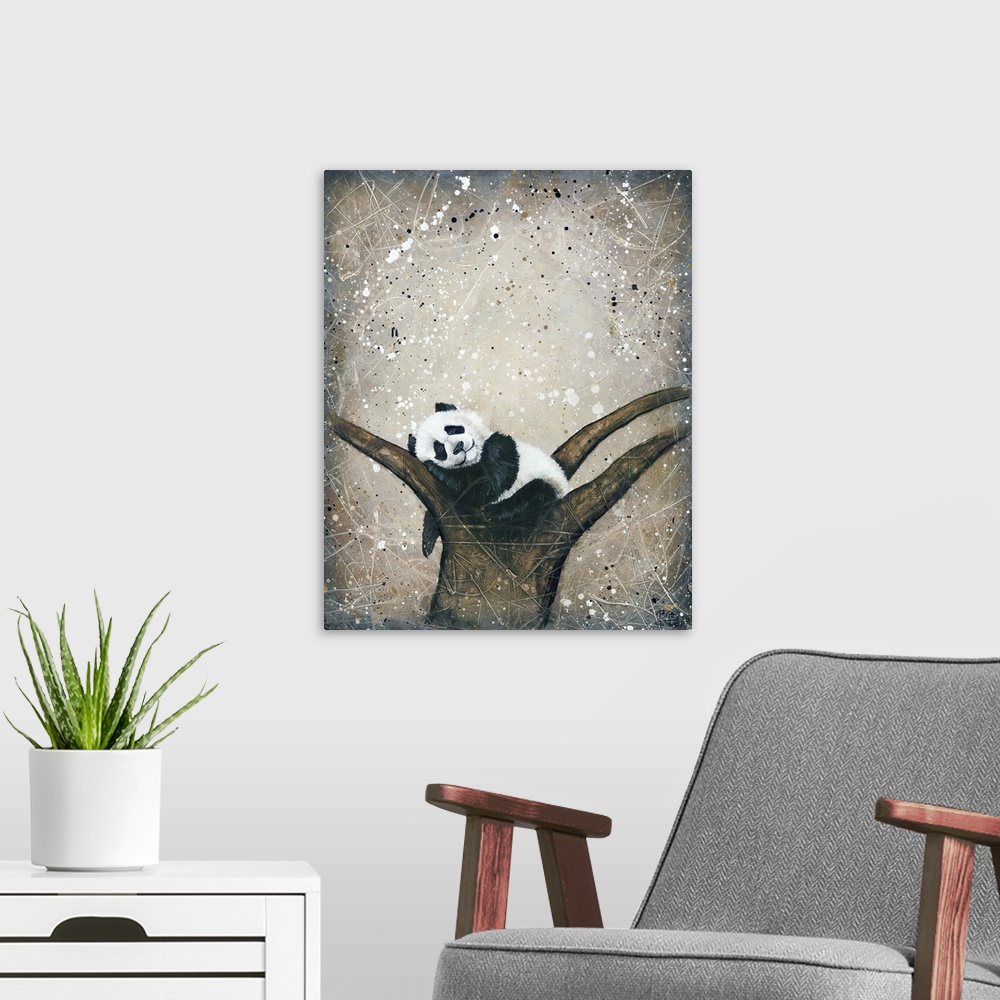 A modern room featuring Painting of a panda bear sleeping in the crook of a tree.
