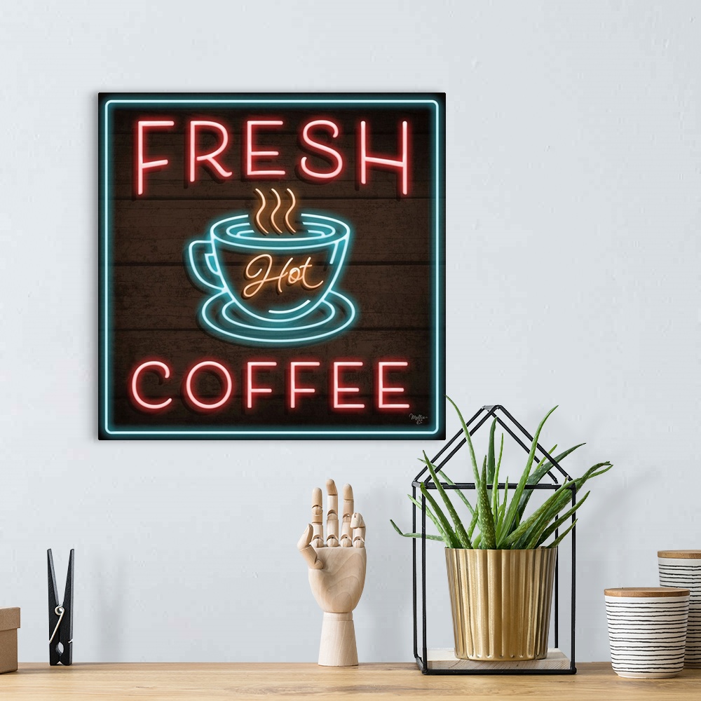 A bohemian room featuring Retro sign resembling neon lights which reads "Fresh Hot Coffee."
