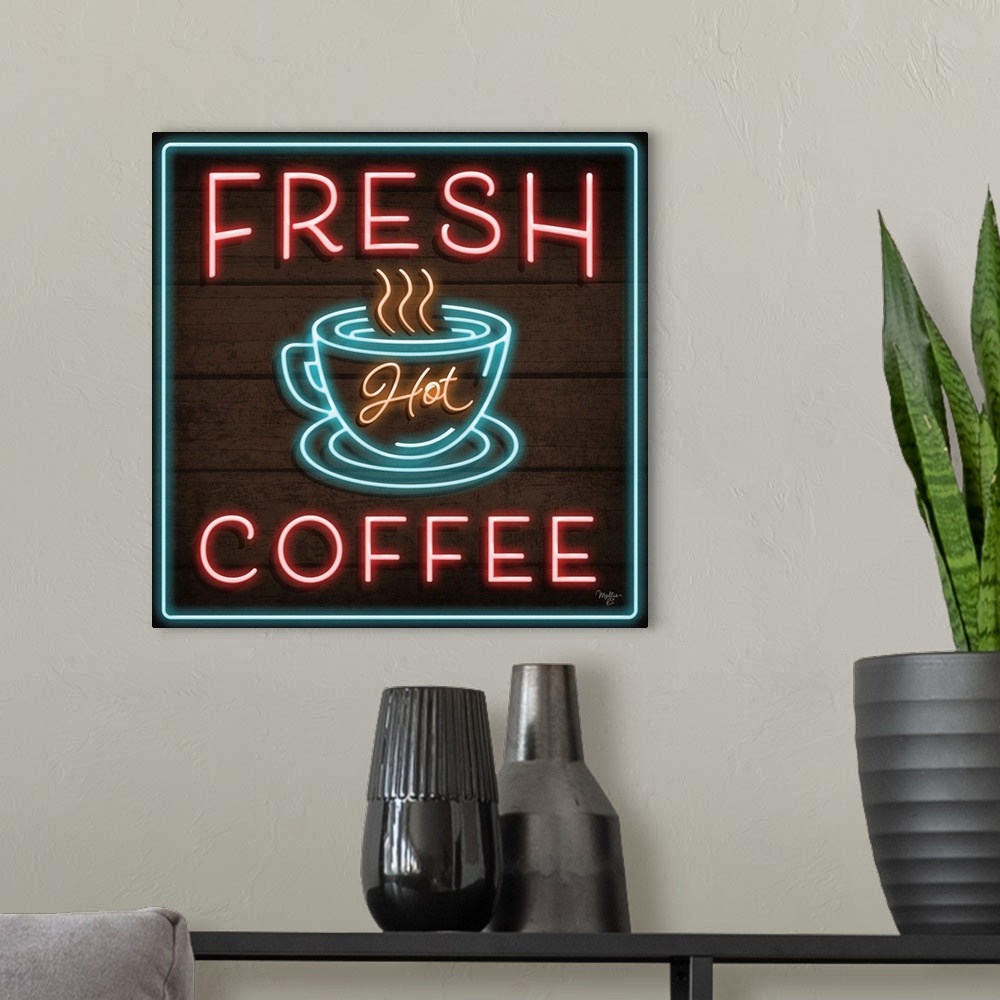 A modern room featuring Retro sign resembling neon lights which reads "Fresh Hot Coffee."