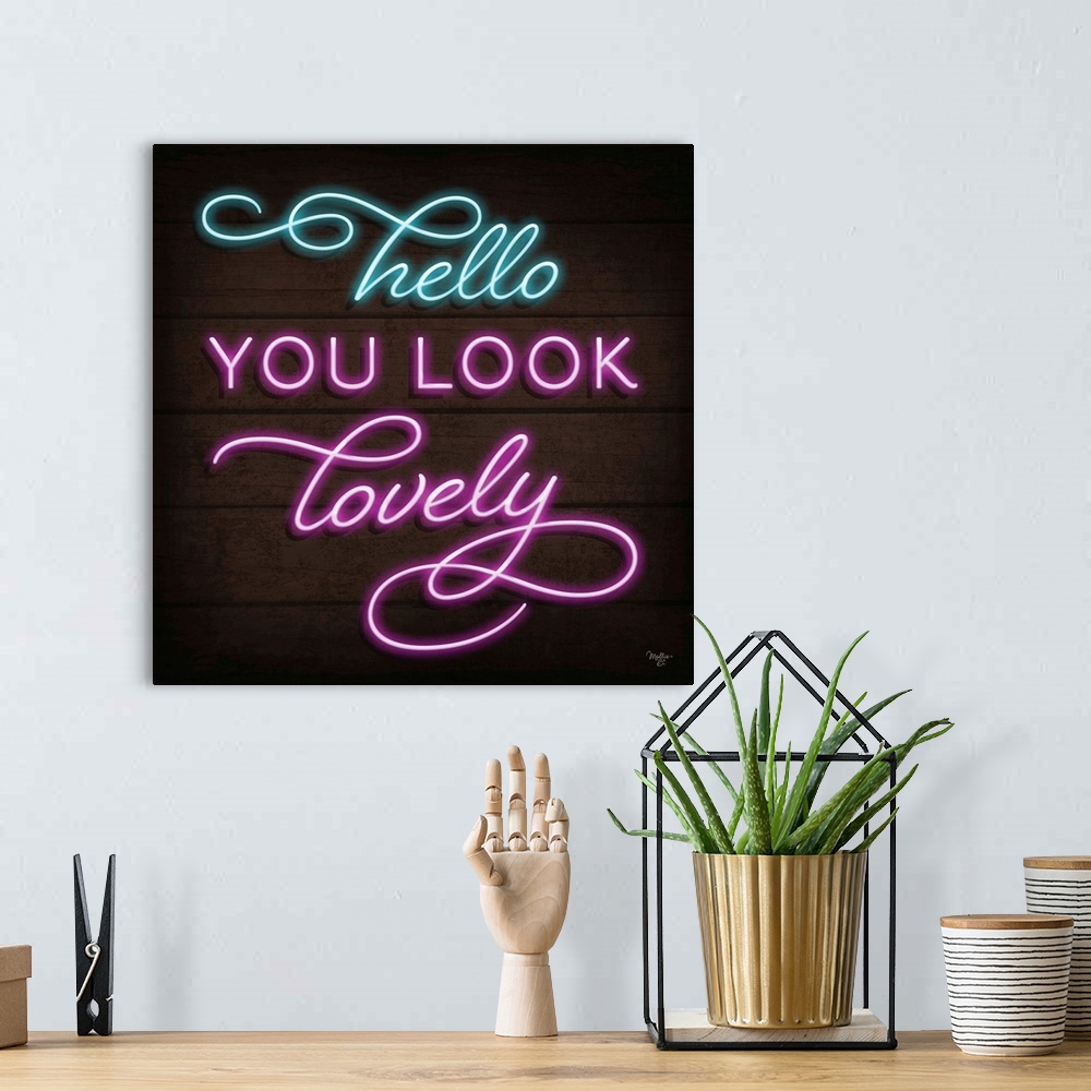 A bohemian room featuring Retro sign resembling neon lights which reads "Hello You Look Lovely."