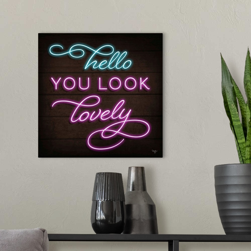 A modern room featuring Retro sign resembling neon lights which reads "Hello You Look Lovely."