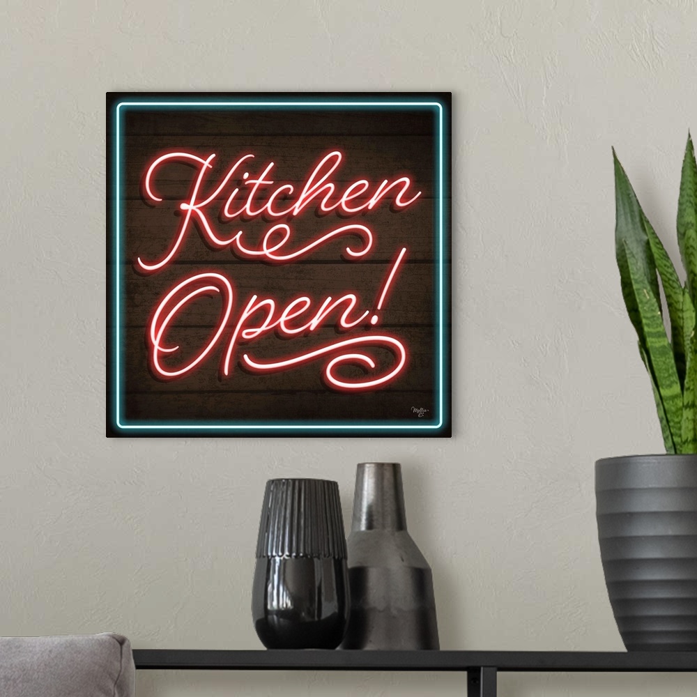 A modern room featuring Retro sign resembling neon lights which reads "Kitchen Open!"