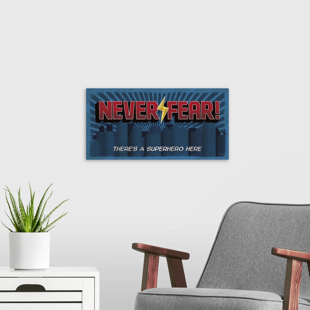 A modern room featuring Superhero themed kids' typography art, of a comic book style cityscape with red text.