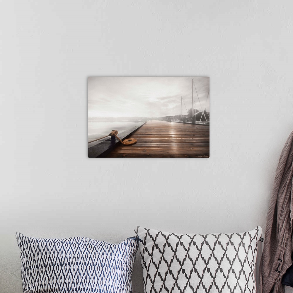A bohemian room featuring Photograph of a dock in the fog.