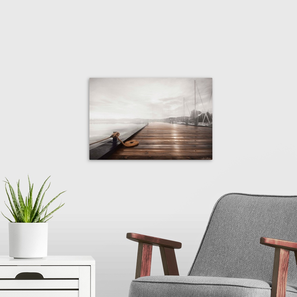 A modern room featuring Photograph of a dock in the fog.