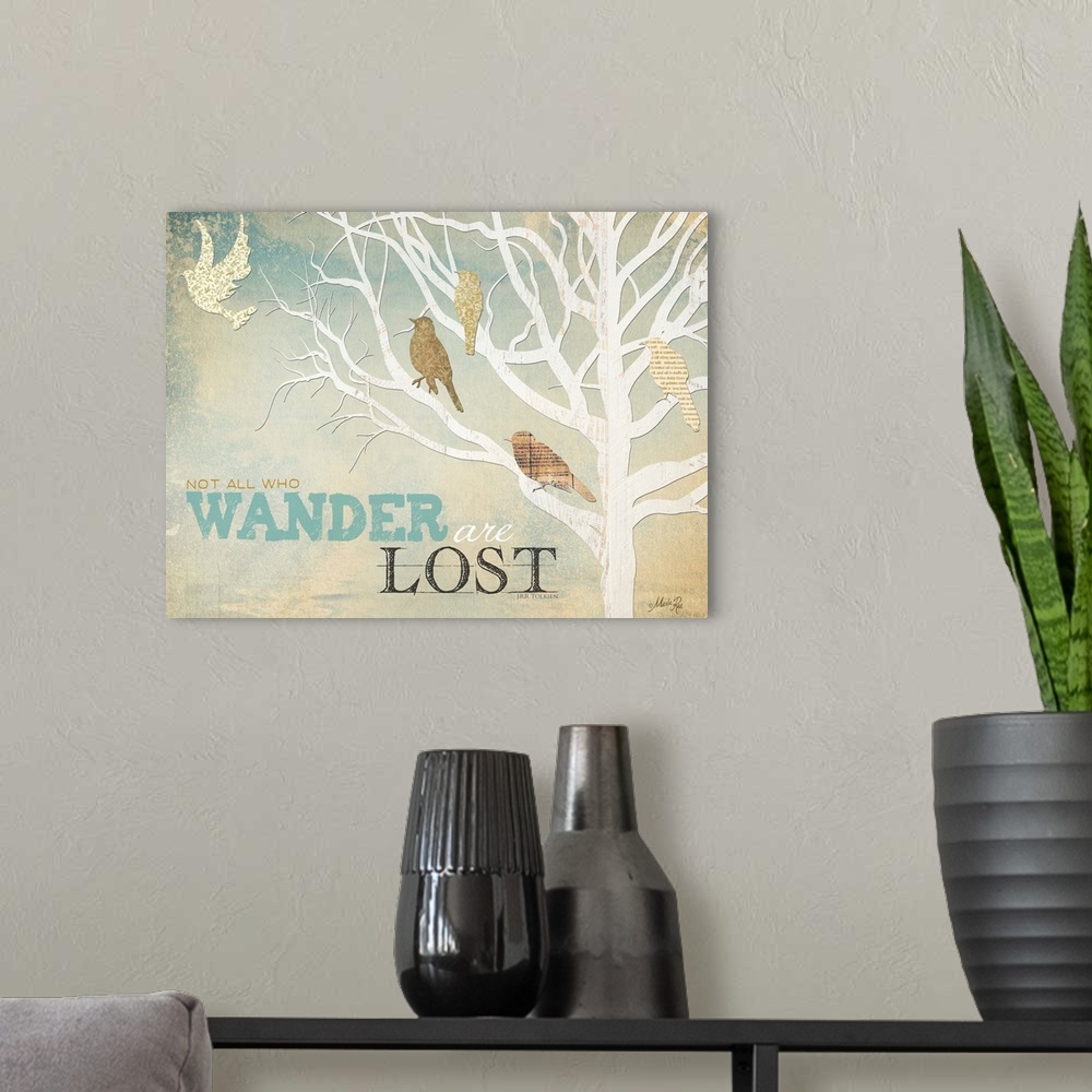 A modern room featuring Inspirational home decor artwork, with a white tree silhouette with different colored birds on th...