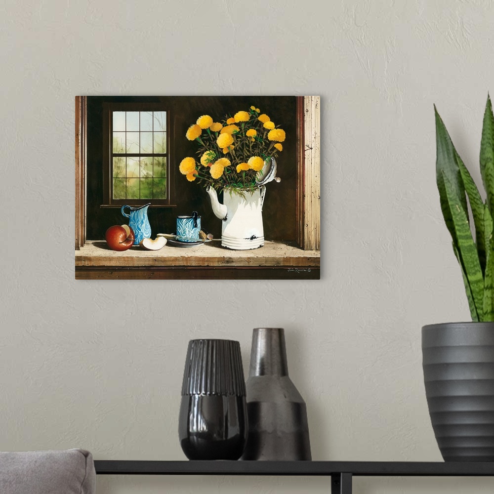 A modern room featuring Still life painting of several yellow flowers in a white tea kettle on a windowsill with an apple...