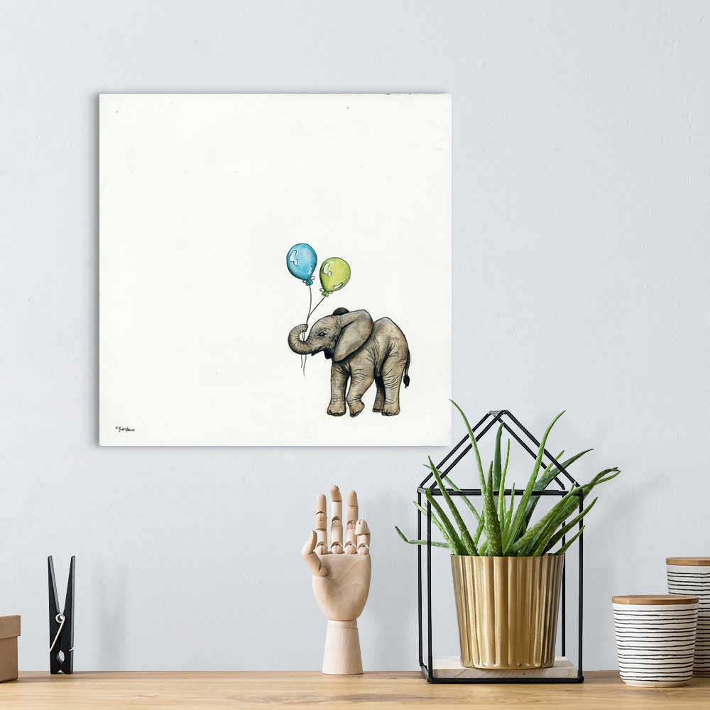 A bohemian room featuring Illustration of an elephant holding a balloon.