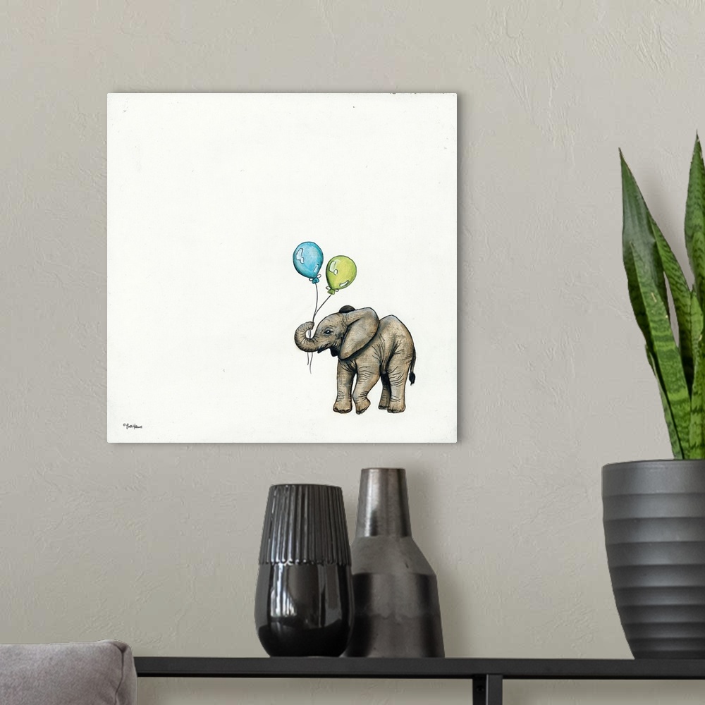 A modern room featuring Illustration of an elephant holding a balloon.