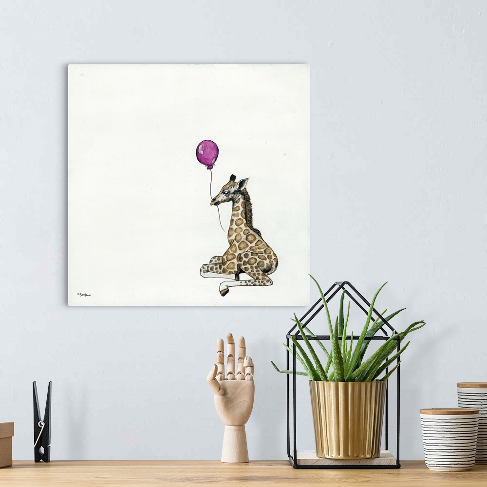 A bohemian room featuring Illustration of a giraffe holding a balloon.