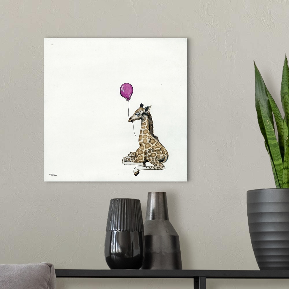 A modern room featuring Illustration of a giraffe holding a balloon.