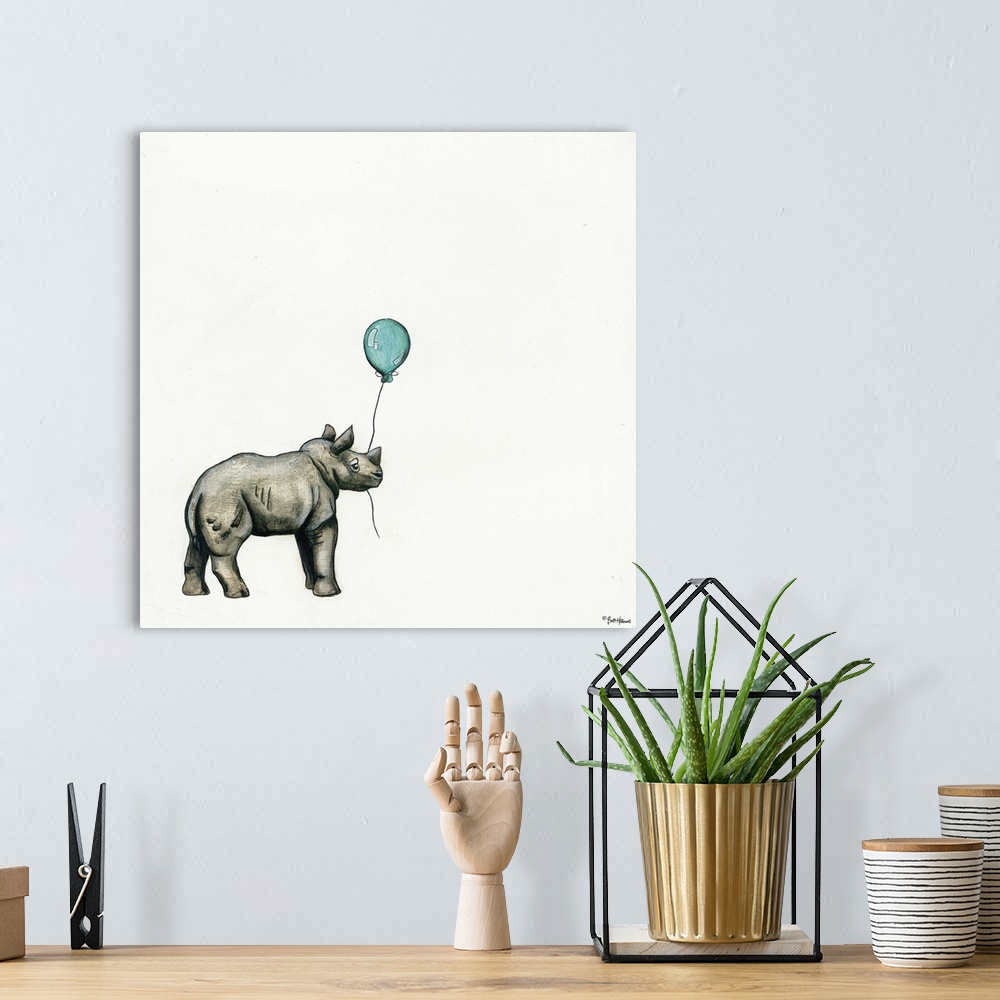 A bohemian room featuring Illustration of a rhinoceros holding a balloon.