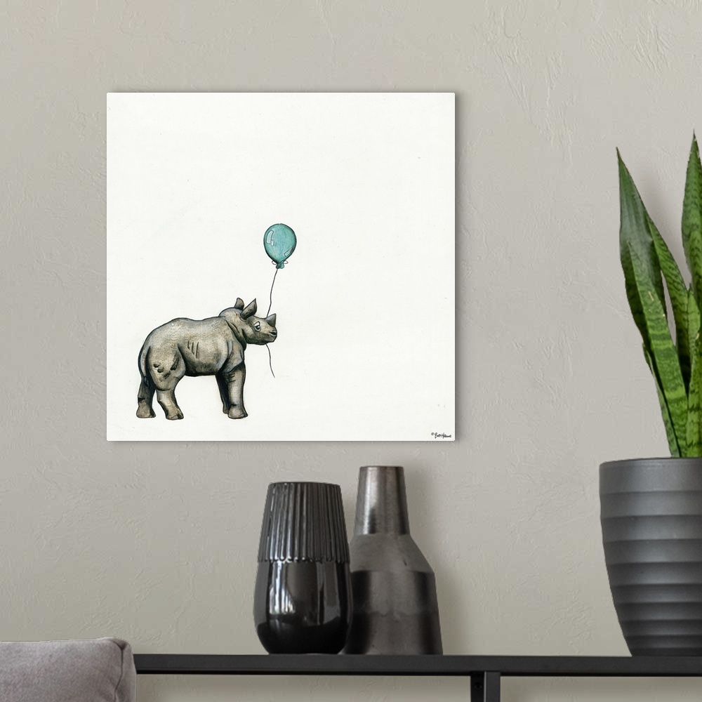A modern room featuring Illustration of a rhinoceros holding a balloon.