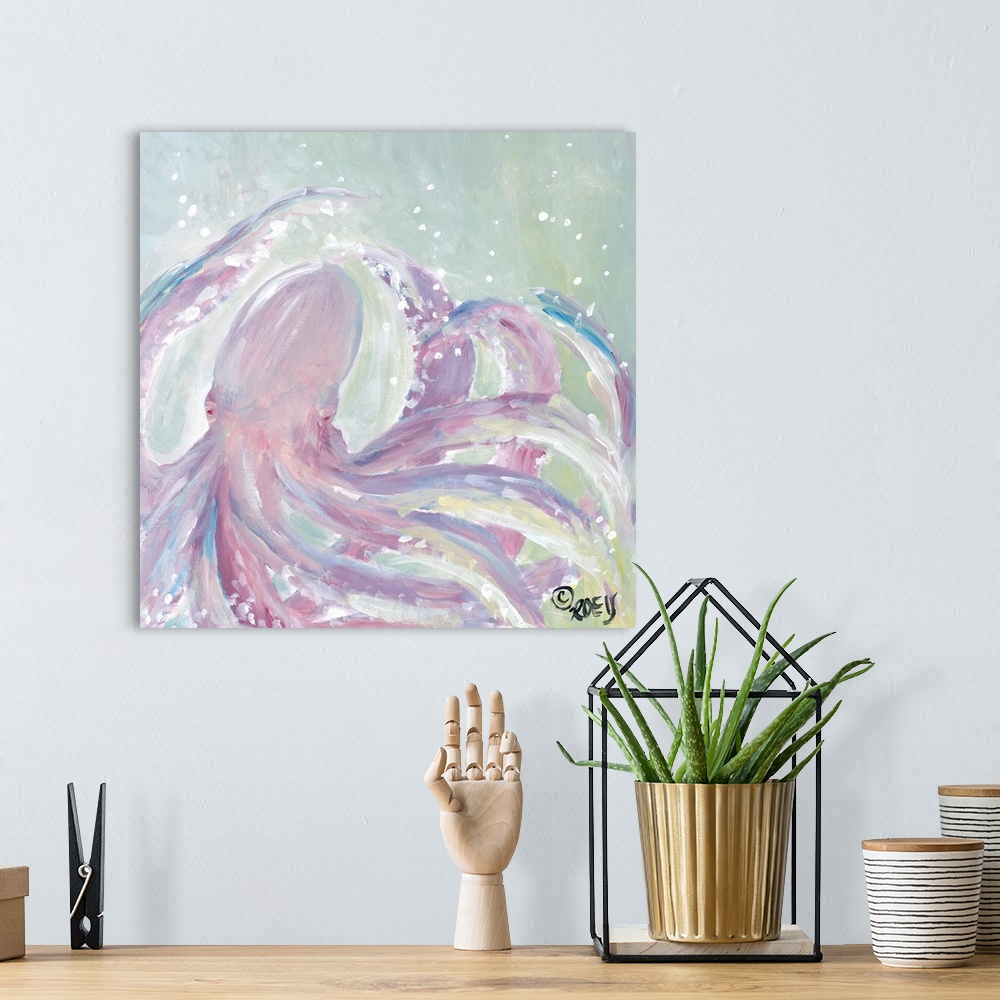 A bohemian room featuring Square abstract painting of a pink octopus.