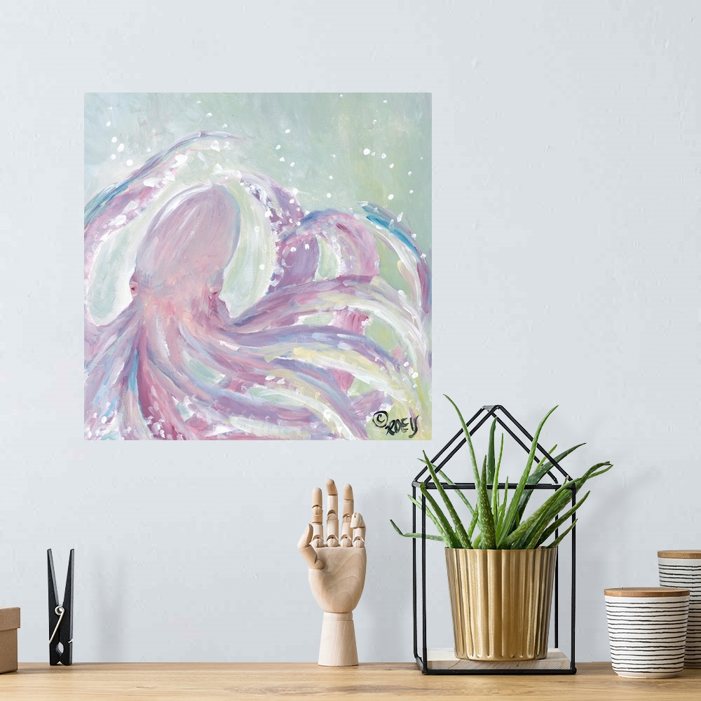 A bohemian room featuring Square abstract painting of a pink octopus.