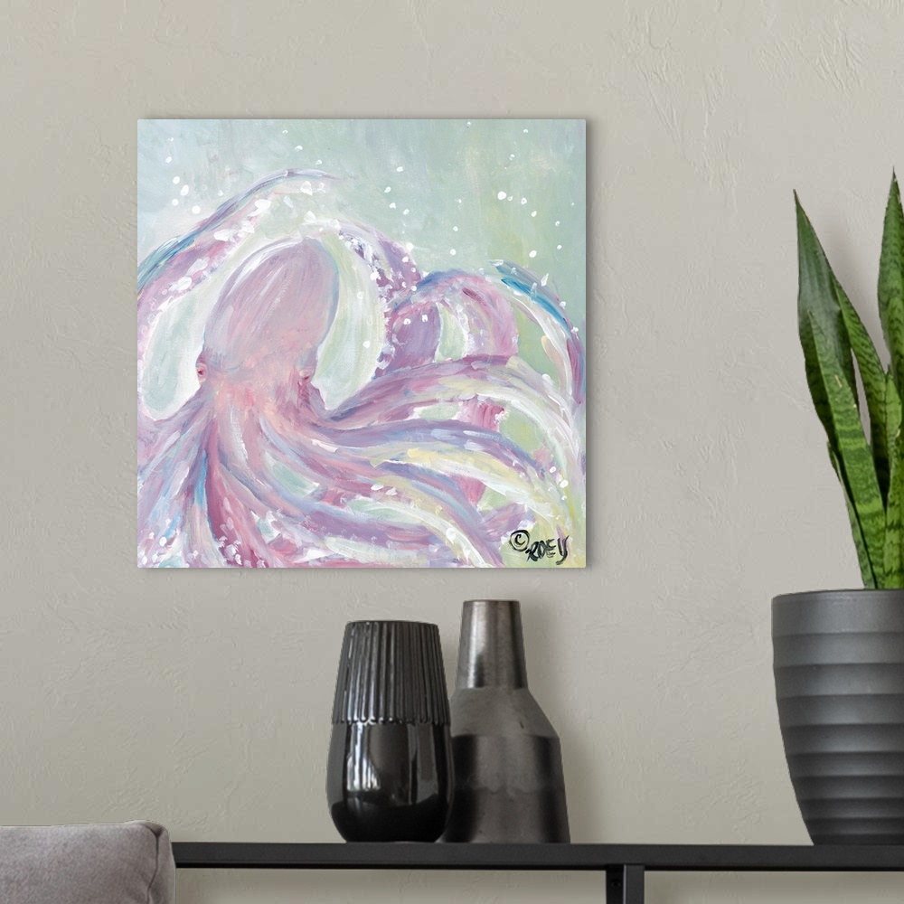 A modern room featuring Square abstract painting of a pink octopus.