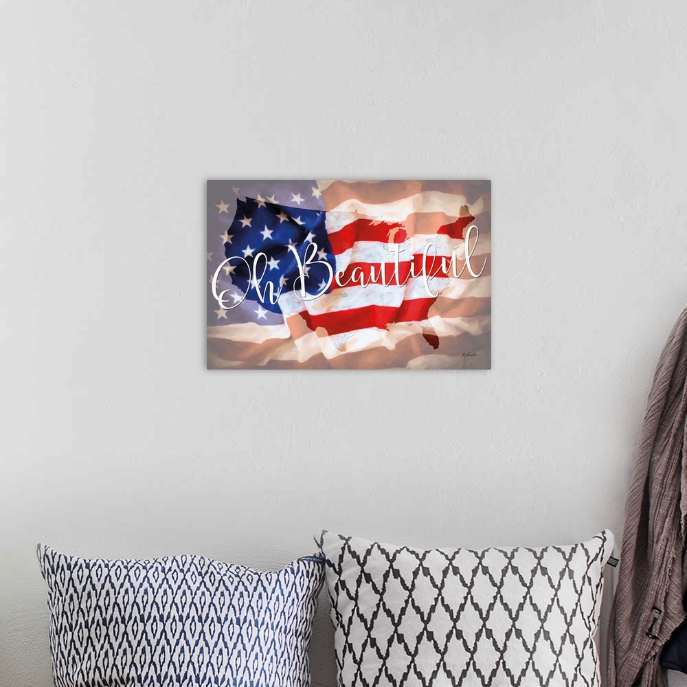 A bohemian room featuring "Oh Beautiful" in white script text over a silhouette of the United States and the American Flag.