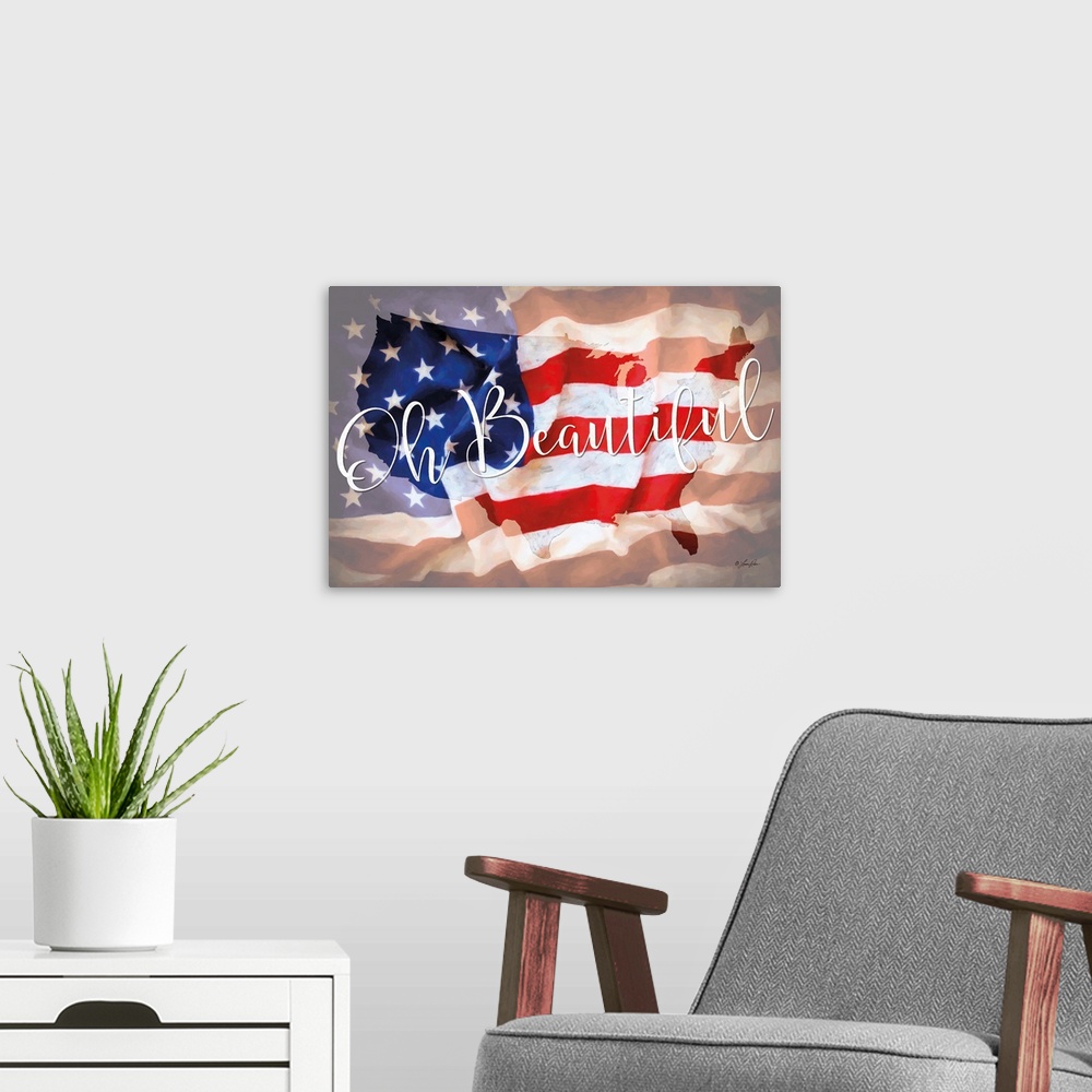 A modern room featuring "Oh Beautiful" in white script text over a silhouette of the United States and the American Flag.
