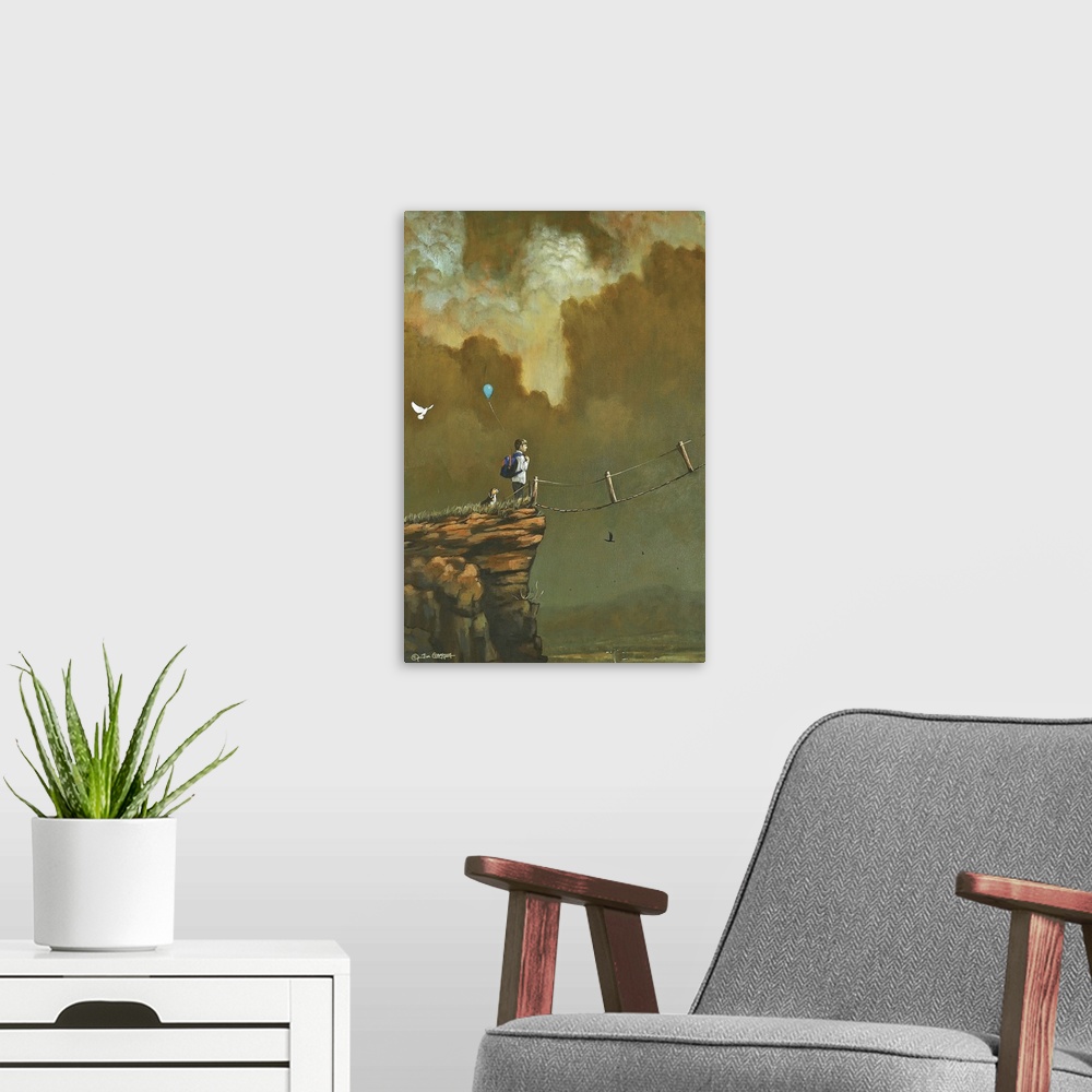 A modern room featuring Contemporary painting of a boy with a dog and balloon looking at a narrow bridge on a cliff.