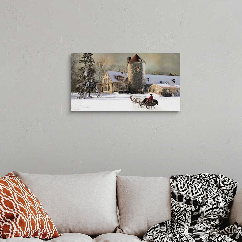 A bohemian room featuring Artwork of a horse pulling a sleigh towards a large farm house in the winter.